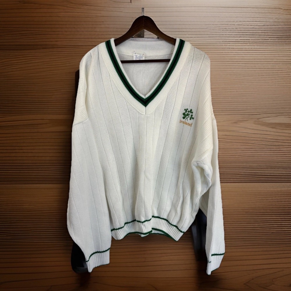 Vintage 80s Ireland Men's XL/2XL Tennis Sweater Embroidered White‎ Green Grandpa